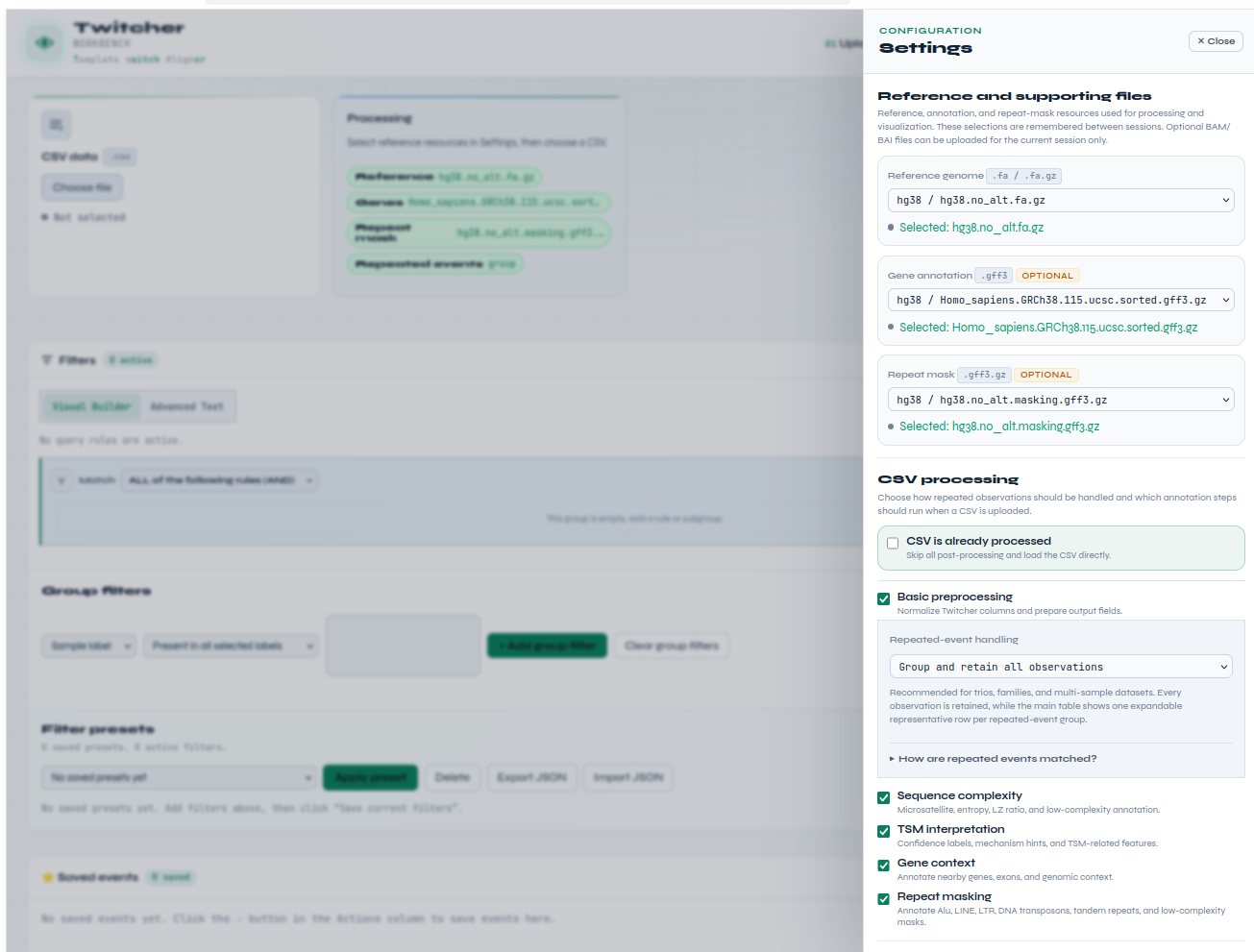 Settings for full data processing